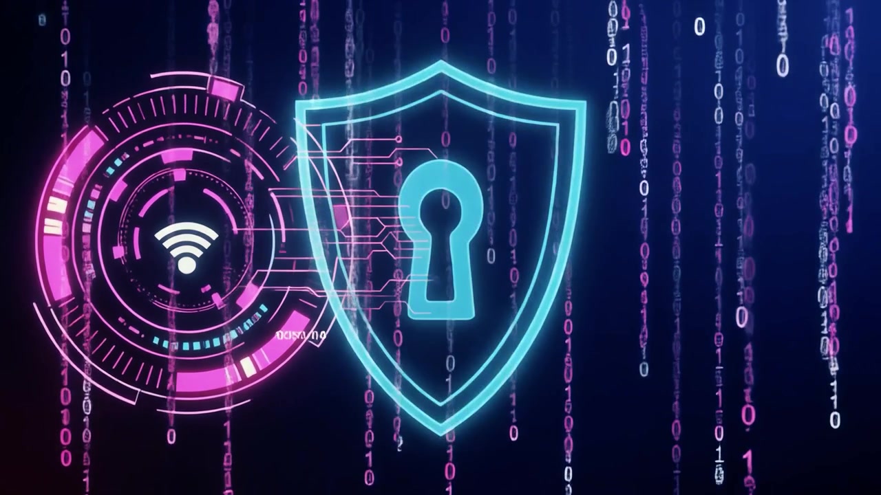 Digital Cybersecurity Shield with Binary Code Background