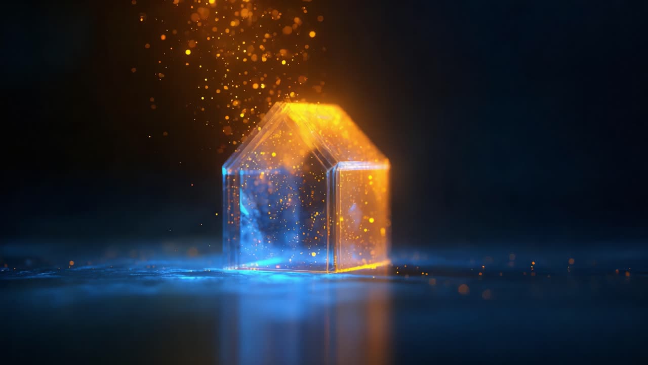 A mesmerizing transformation of a crystalline house illuminated by sparkling golden particles, creating a magical ambiance that highlights the beauty of abstract design and light play