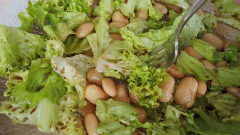 comida saludable, ensalada casera sin escenario con salmón, hilo verde y judías marrones, dieta baja en carbohidratos, fitness y estilo de vida