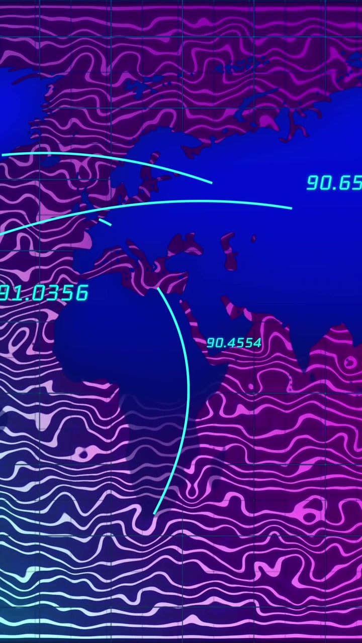 Animazione di numeri su una mappa del mondo su uno sfondo con onde verdi e viola