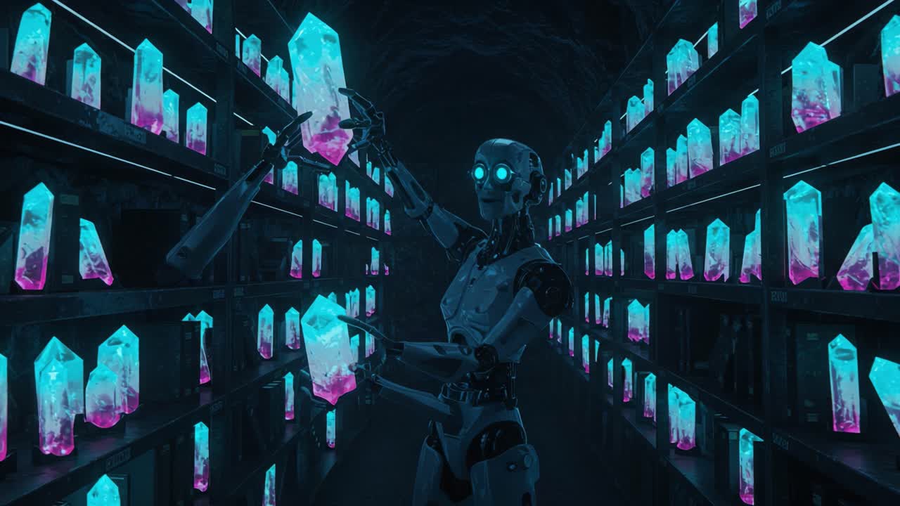 A futuristic robot stands in a mystical cavern filled with glowing crystals, showcasing the intersection of technology and nature in a captivating visual display of colors and forms