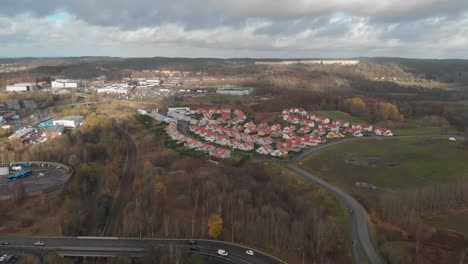 aerial view flying over suburban houses in gothenburg, sweden