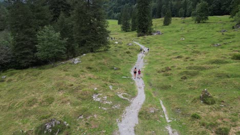 Walking-trail-in-the-swiss-alps,-a-family-on-an-sport-adventure,-top-drone-view,-Obwalden,-Engelberg