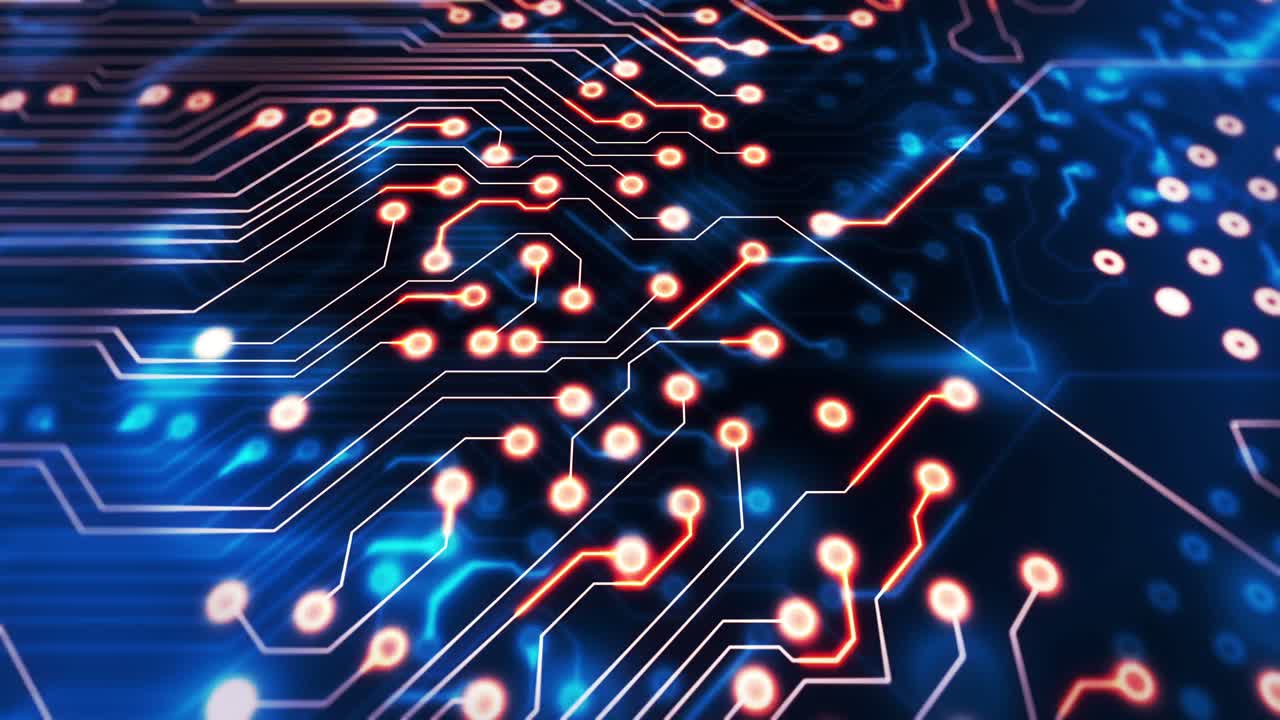 animación de rastros de luz que se mueven sobre una placa de circuito de computadora