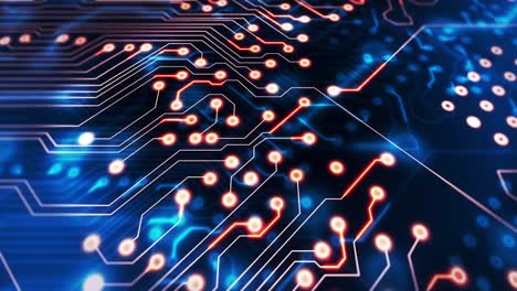 Animation of light trails moving over computer circuit board