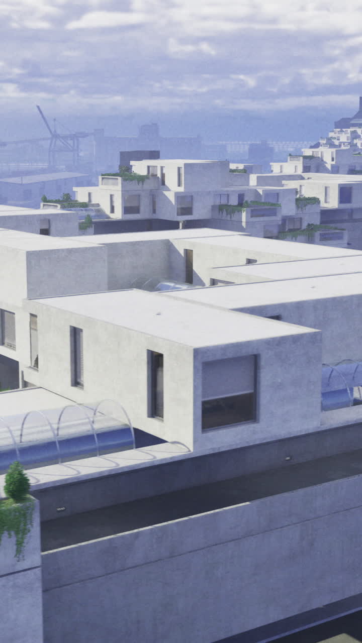 Modern architectural design overlooks a serene waterfront in the evening