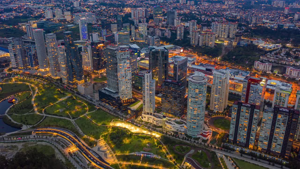 Day to Night Aerial Timelapse of Mexico City Santa Fe Towers, Cityscape Reveal