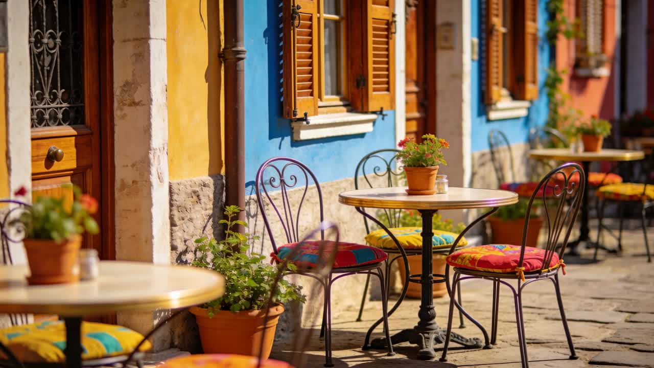 Transizione di messa a fuoco della telecamera che mostra un tavolo con un vaso di terracotta e 3 sedie in ferro in un caffè su un viale soleggiato.