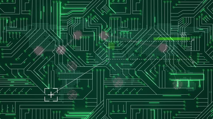 Animation of scope scanning over green light trails on computer circuit board
