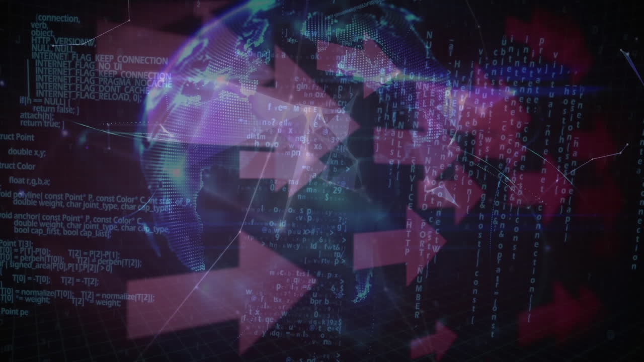 animación de flechas, procesamiento de datos y globo giratorio en espacio rosa y negro