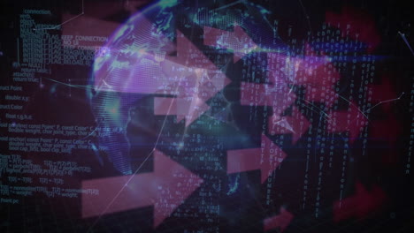 Animation of arrows, data processing and globe rotating in pink and black space