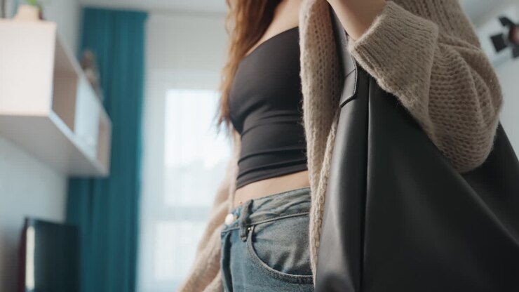 Donna che prende un oggetto dalla borsetta, donna che modifica la tracolla della borsa vicino alla finestra con tende color verde acqua, donna caucasica che modifica la tracolla della sua borsetta mentre si prepara ad uscire vicino alla finestra con tende color verde acqua