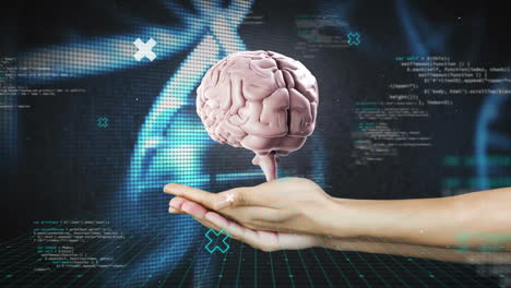 animación del cerebro humano con la mano de una mujer, adn y procesamiento de datos sobre fondo oscuro