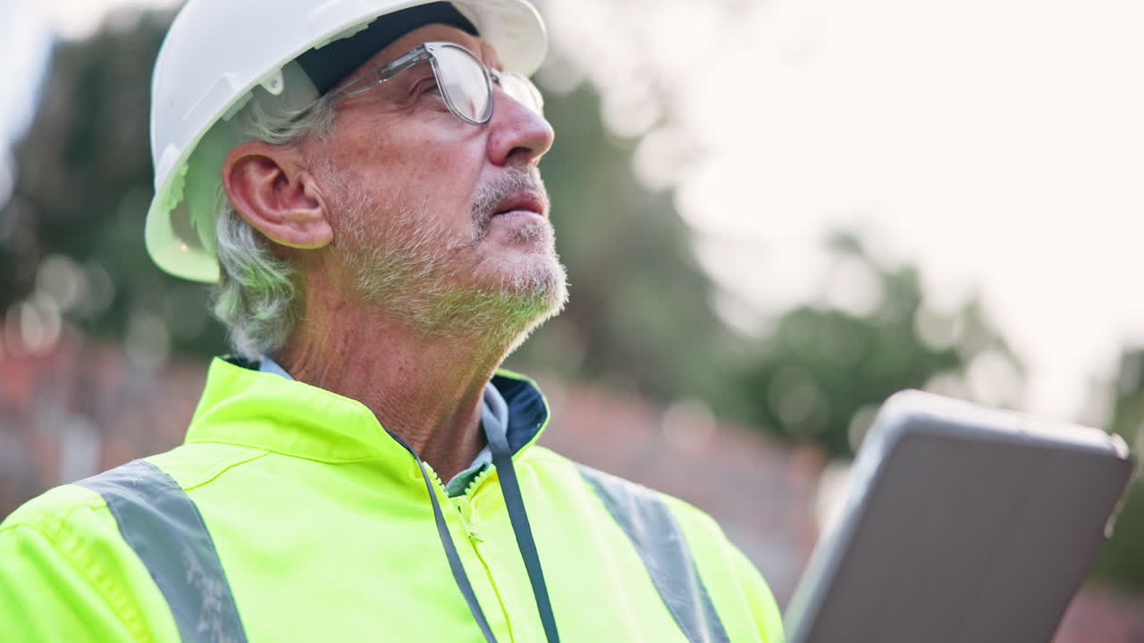 Construction worker using a tablet on site