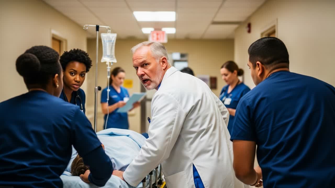 Team di terapia intensiva in azione: professionisti medici che rispondono a una situazione critica con compassione e competenza nel corridoio trafficato di un ospedale, dimostrando urgenza e lavoro di squadra nel settore sanitario