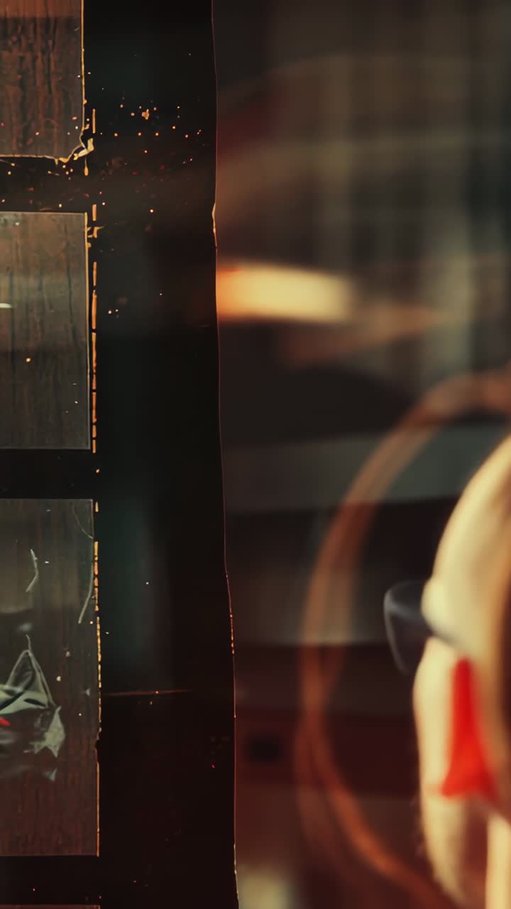 Vertical video: Sweeping light rings revealing person with glasses and red earcup looking at windo