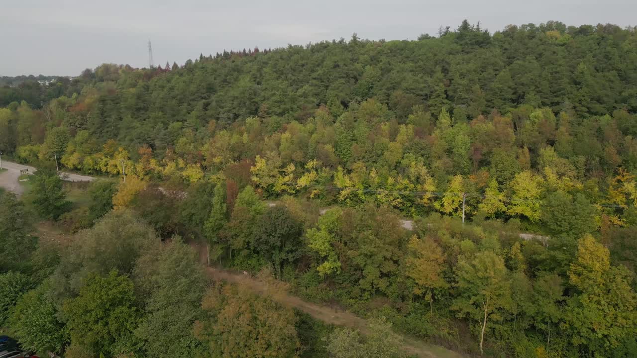 Vista de dron sobre un valle verde con carreteras sinuosas y bordes de bosque en terreno montañoso