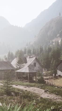 serene mountain village in the fog