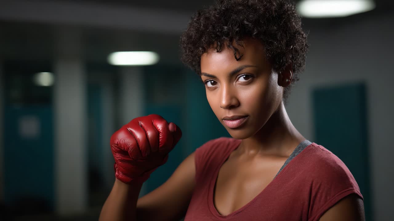 Boxer determinata si prepara all'azione con una postura sicura e un'espressione audace, mostrando forza e resilienza nell'ambiente della palestra