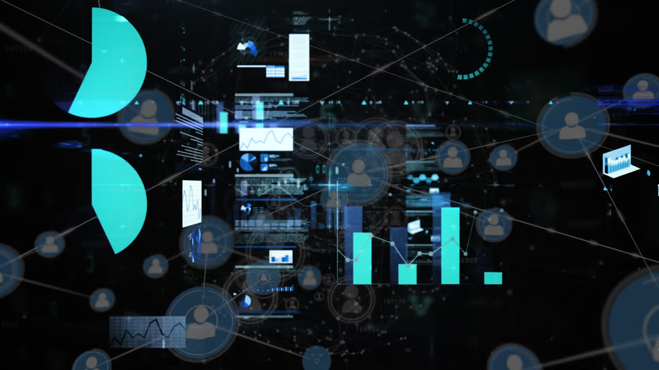 animación de procesamiento de datos e iconos de medios sobre el paisaje urbano