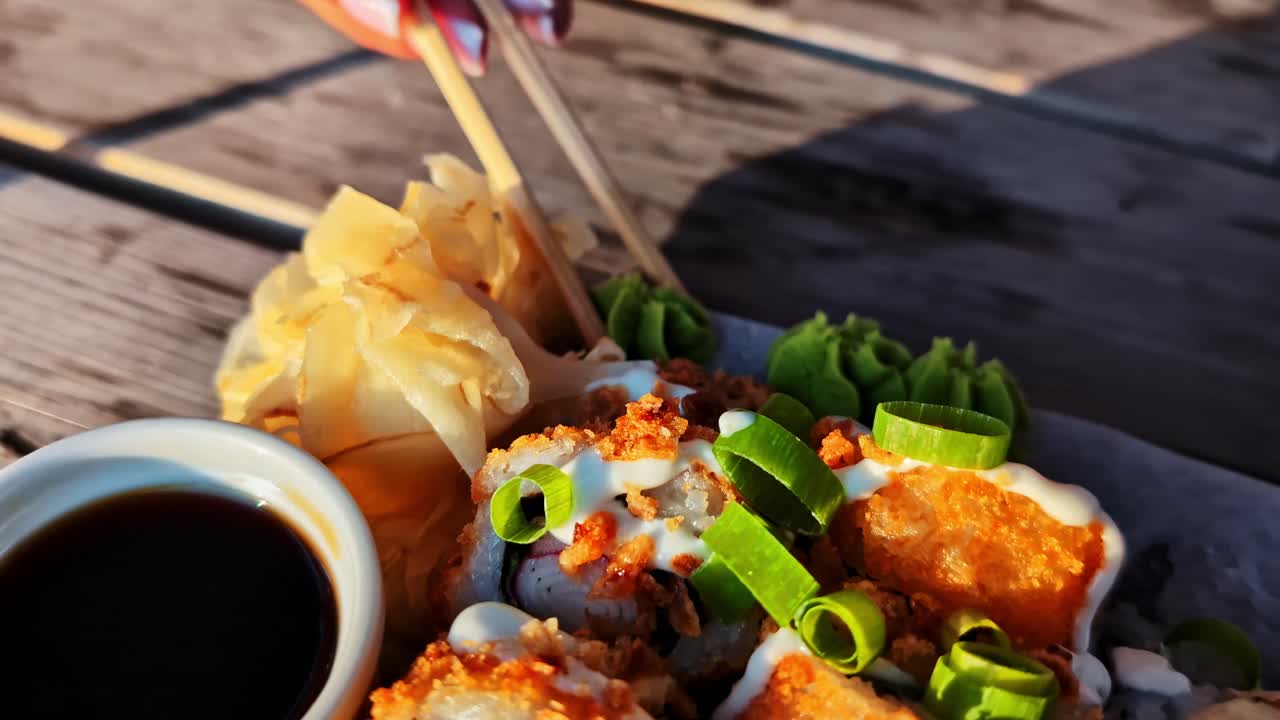 Close up shot of person using chopsticks to mix green wasabi paste into soy sauce, preparing to eat a delicious platter of assorted Japanese sushi rolls