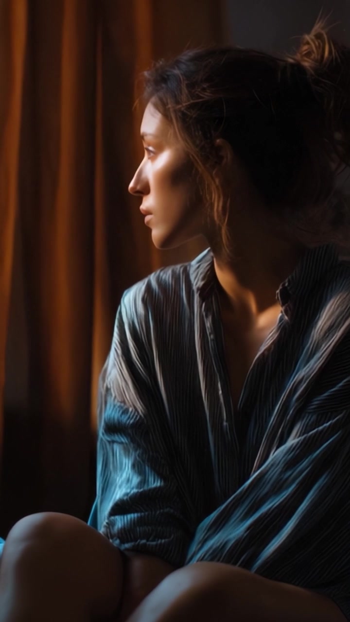 Un momento pensieroso catturato in luce soffusa, che mostra una donna in camicia a righe con uno sguardo contemplativo incorniciato da tende calde e fluenti in un ambiente accogliente