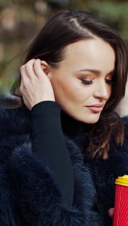 lovely girl in winter coat. beautiful young woman holds a plastic cup of coffee and smiles on camera in the park. slow motion. vertical video
