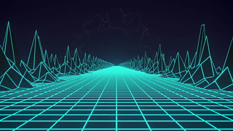 digital animation of neon green grid network and 3d structures against blue background