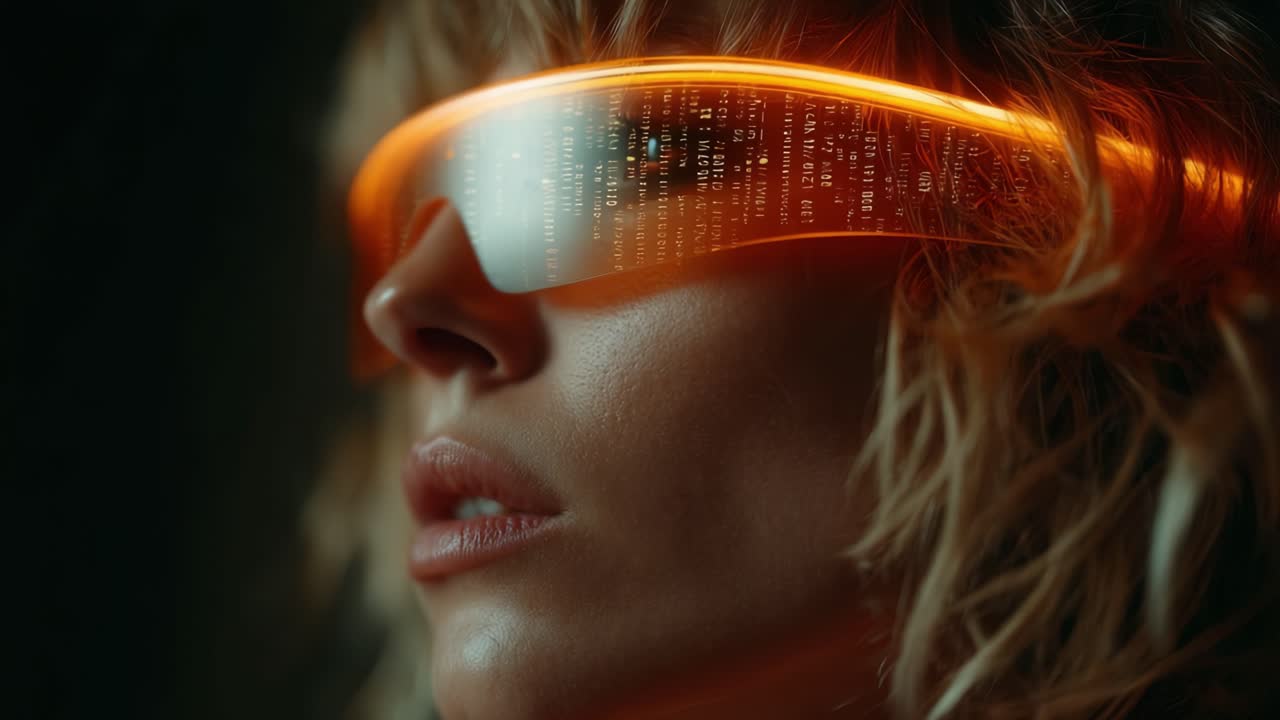A Futuristic Vision: The Intriguing Aesthetic of High-Tech Glasses Illuminated with Digital Glows and a Close-Up of an Engaging Face with Soft Expressions