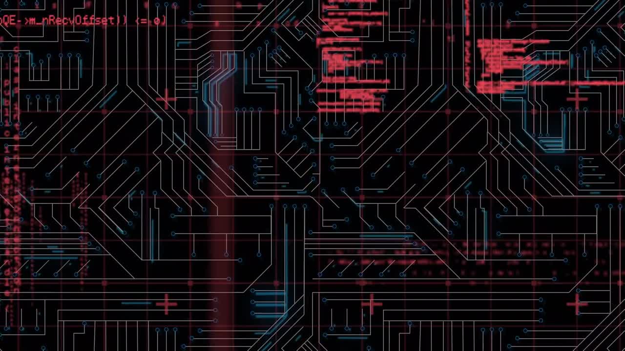 Digital animation of data processing against microprocessor connections on black background