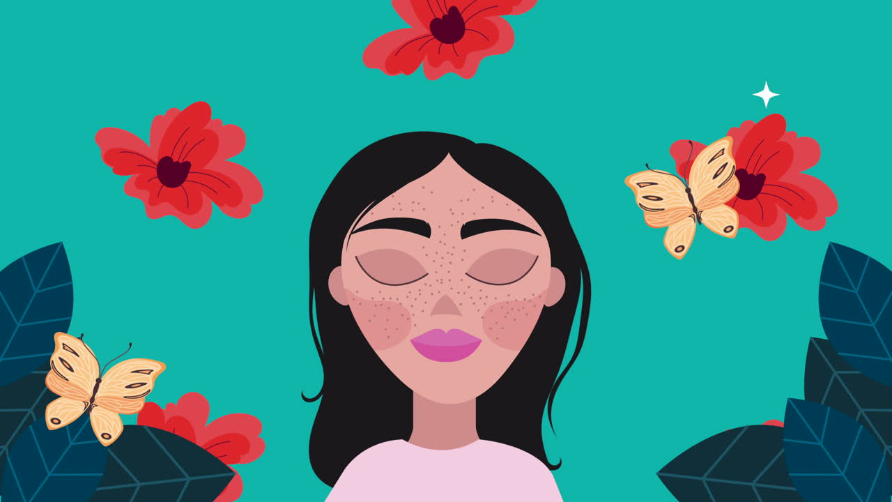 아름다운 여자와 꽃과 나비 애니메이션