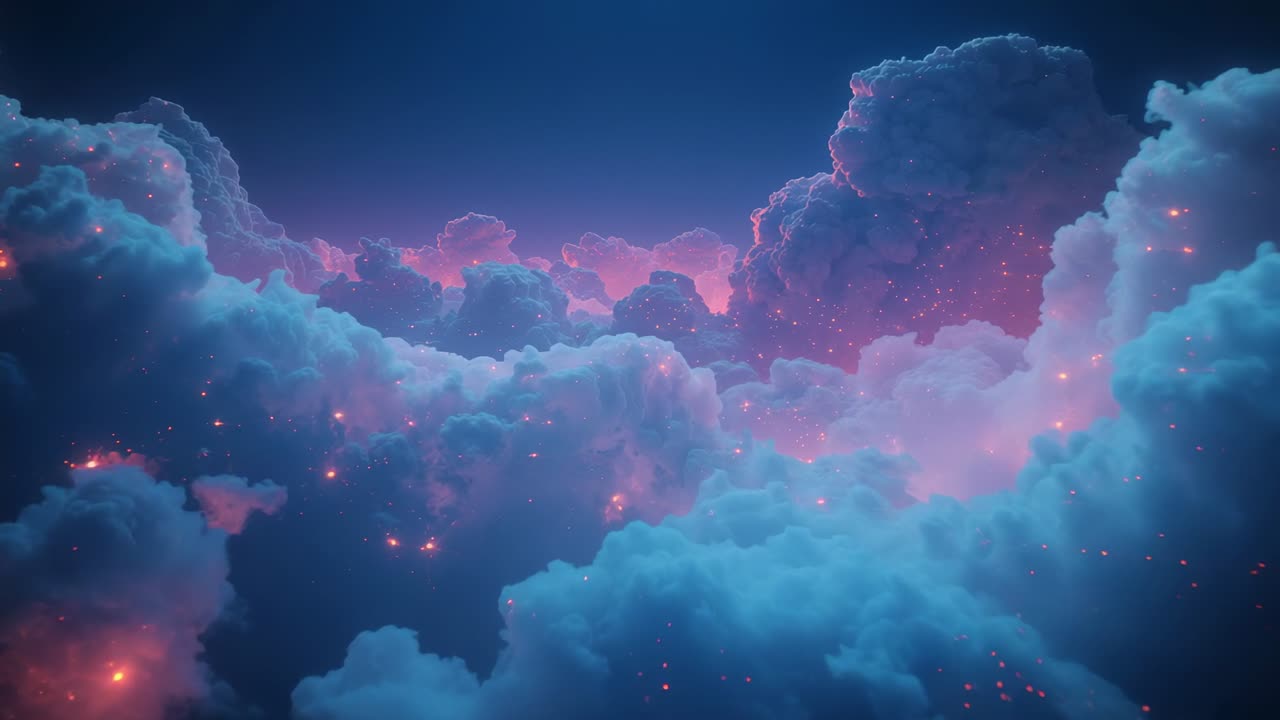 Gliding camera moving forward through glowing cloudscape at twilight, with ember sparks flickering