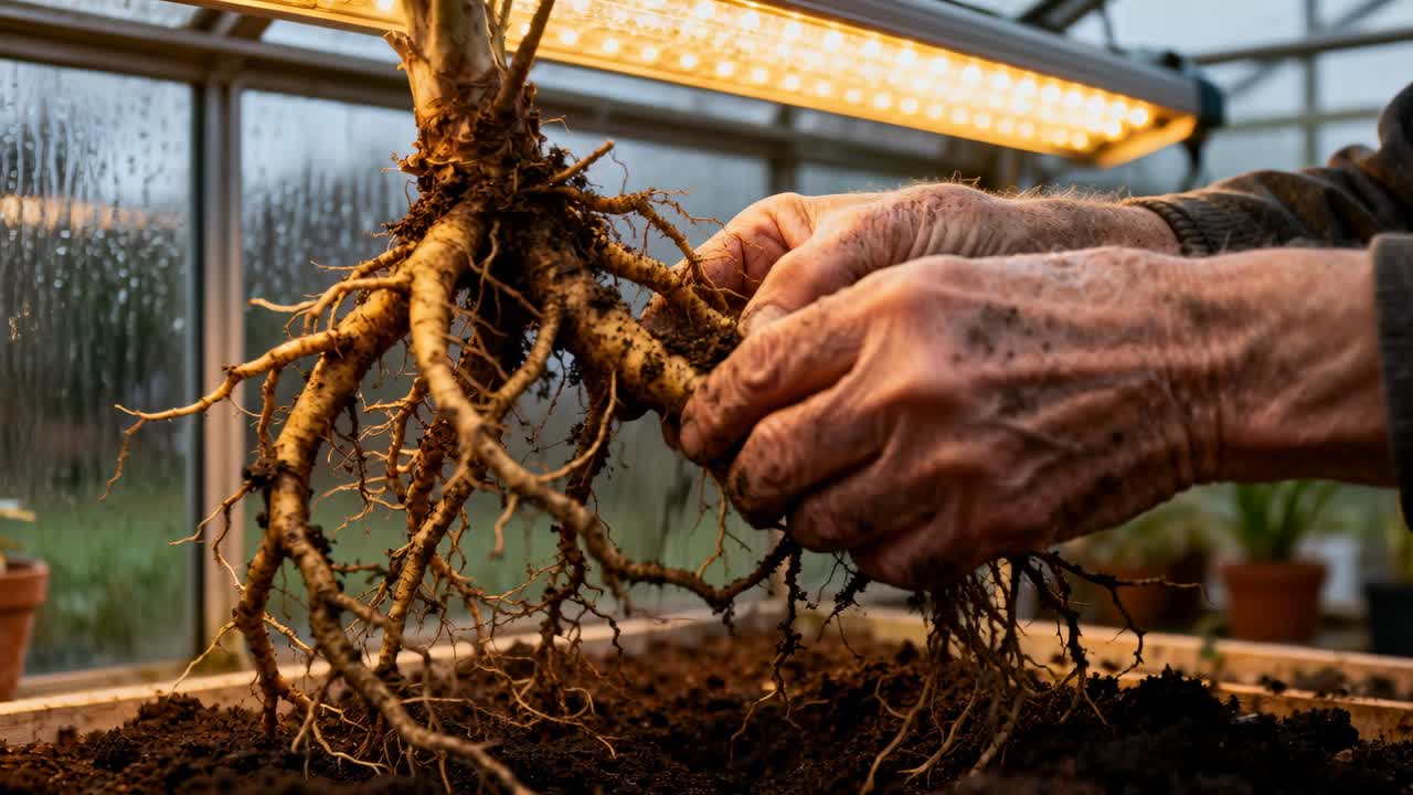 Aged hands lifting root ball, teasing and inspecting feeder roots preparing potting tray under LED