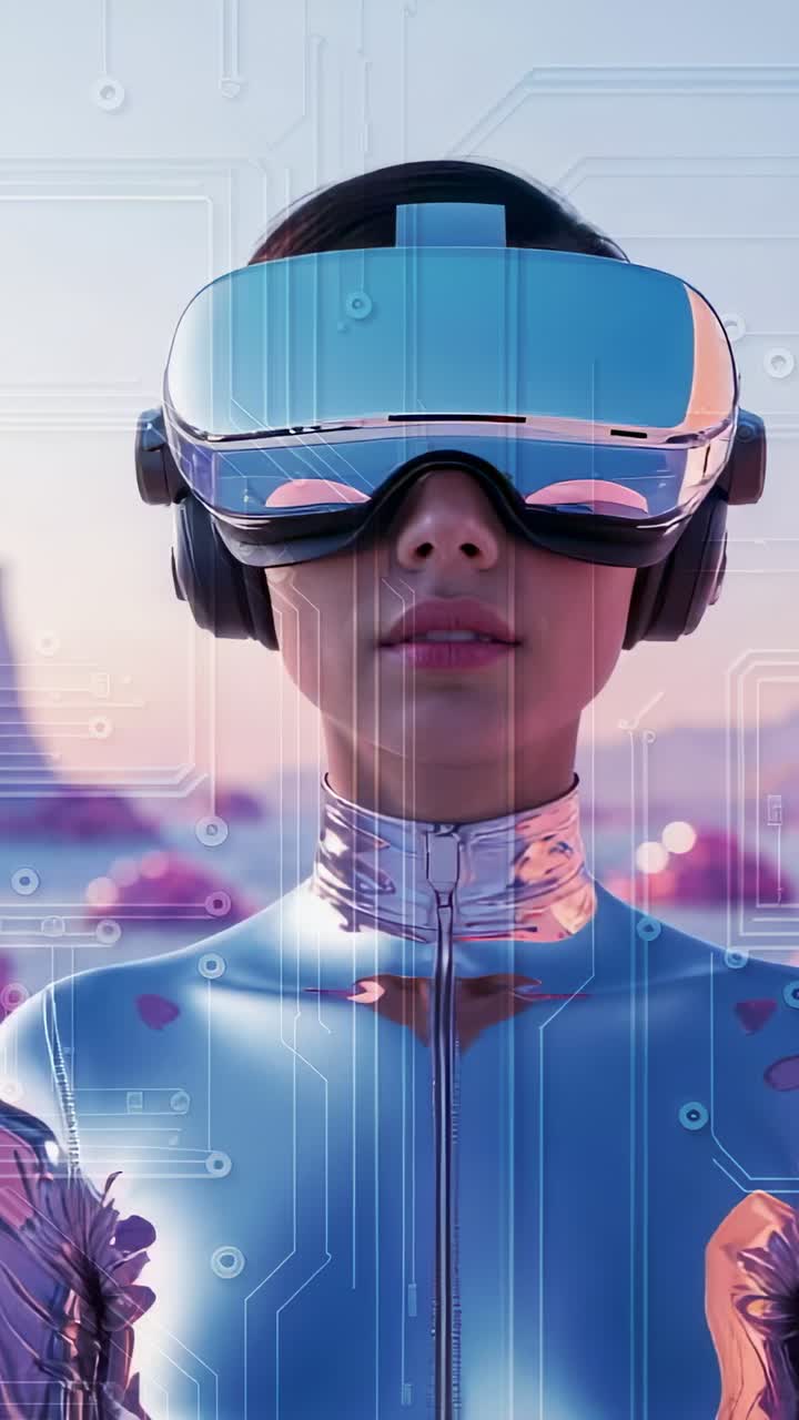 Vertical video: Responding to glow bodysuit-clad woman adjusting VR headset strap, dusk skyline