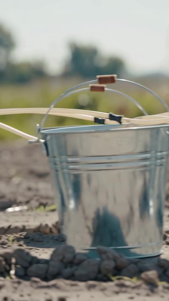 Vertikales Video: Wasser tritt in einen zweiten Eimer ein, wodurch Eimer über einen Schlauch auf trockenem Boden zur Bewässerung verbunden werden.