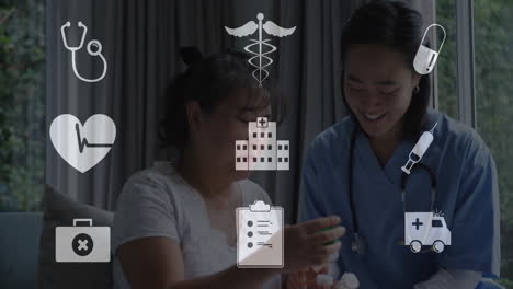 Animation-Digitaler-Symbole-über-Asiatischer-Ärztin-Mit-Patientin-Im-Krankenhaus