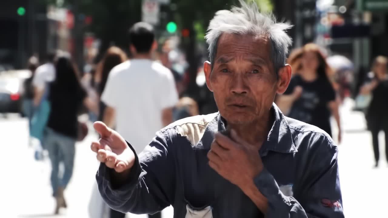 An elderly man reaches out in a bustling city street, capturing a moment of connection amidst the vibrant flow of people, highlighting life's stories and struggles