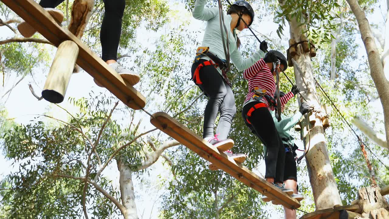 amigos cruzando la tirolina en el bosque 4k 4k