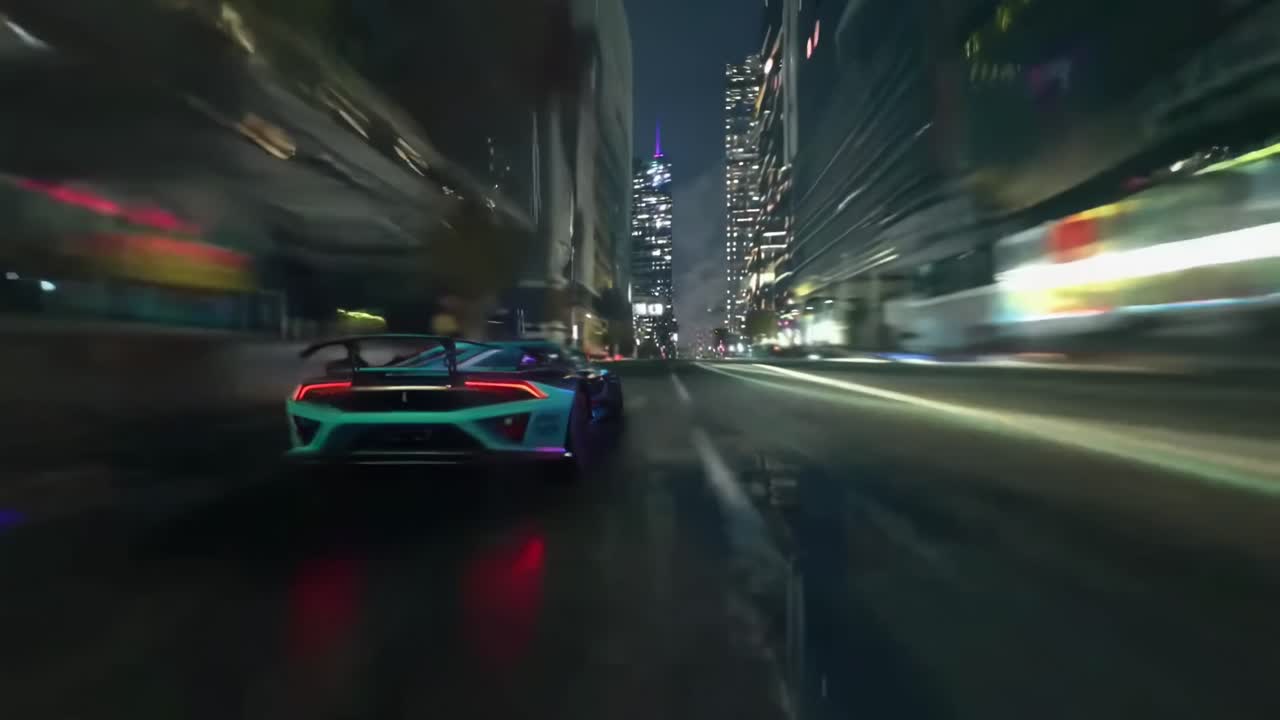 Video dinamico di un'auto sportiva che sfreccia in una città di notte, ripreso da un'angolazione bassa posteriore.