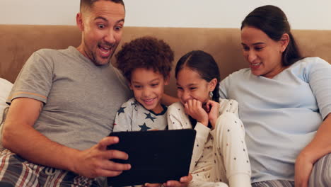 tablet, home or excited family streaming a movie