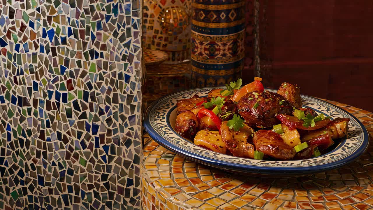 Shifting camera revealing plated ceramic dish at styled corner, exposing mosaic tabletop and column