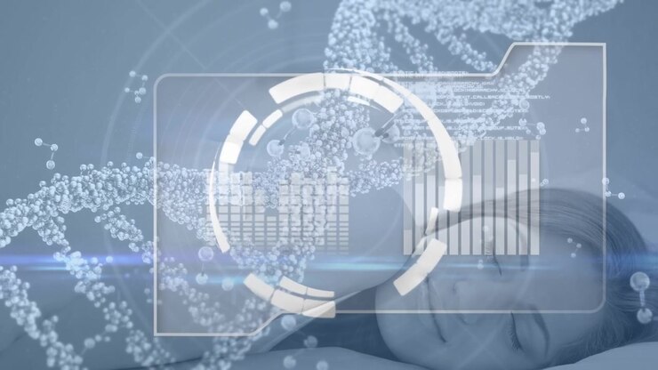 Animation of dna molecule, floating nucleotides, circles and graphs over sleeping caucasian woman