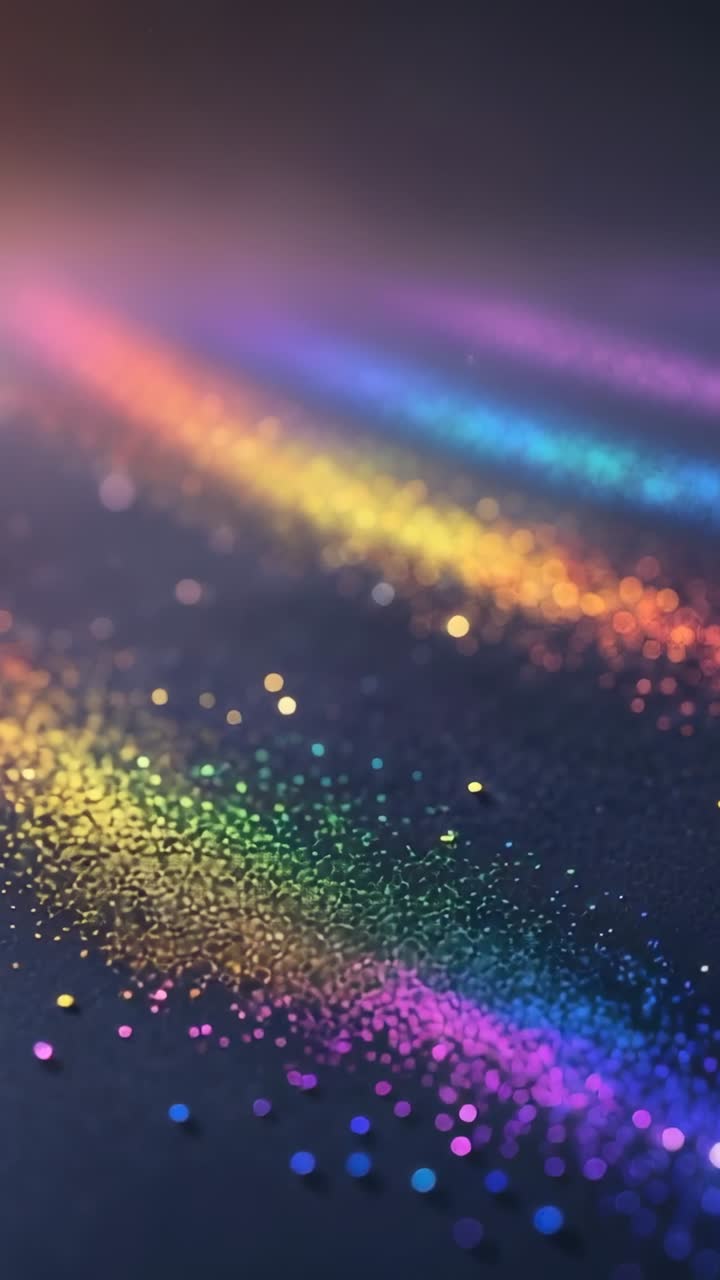 Vertical video: Rainbow glitter particles shimmering and drifting on dark surface, forming ribbon