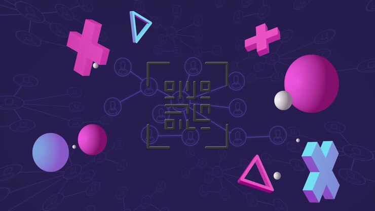 Animation of glowing pink qr code and 3d shapes over network on black background