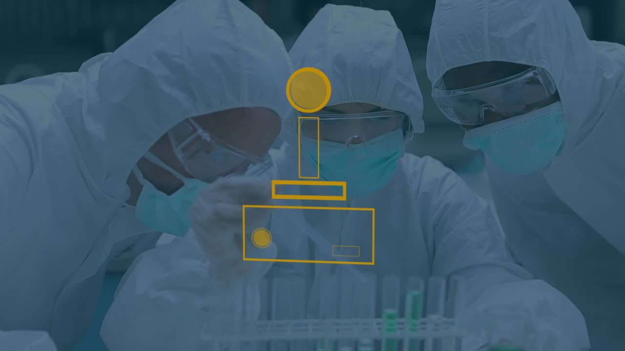 animación del gamepad sobre diversos científicos en el laboratorio.