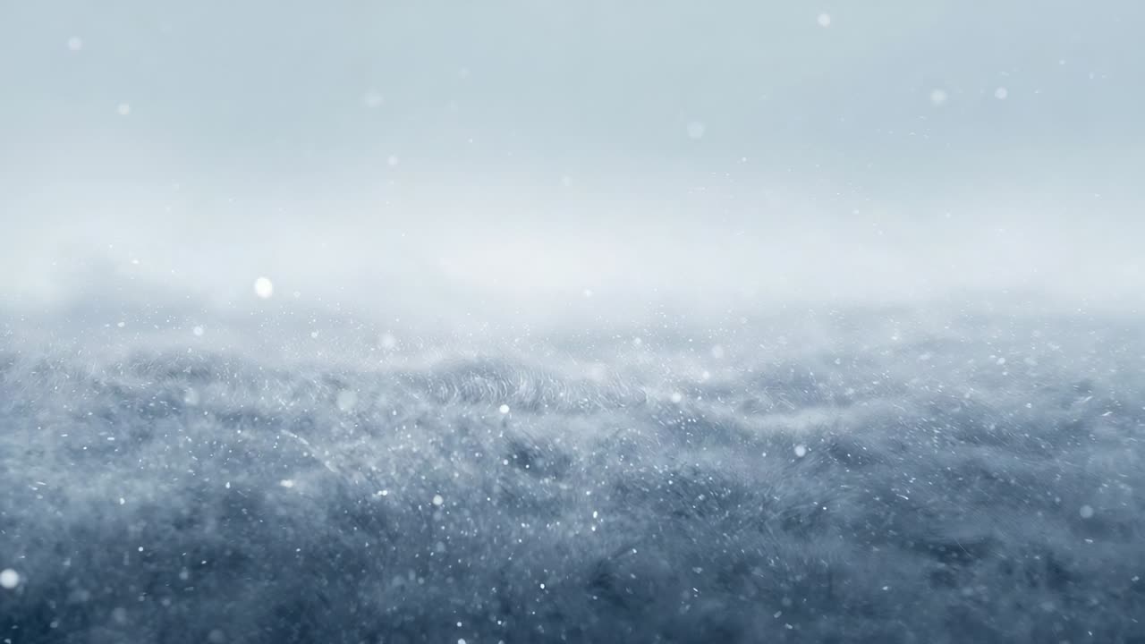 Gusting wind moving textured snow surface at open plain, sending falling flakes toward horizon