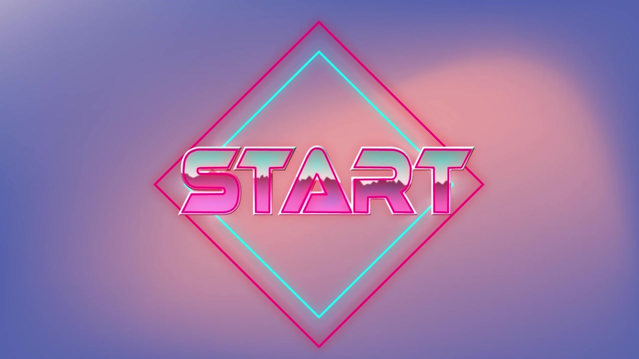 Retro Synthwave Style Start Text Animation with Neon Geometric Frame