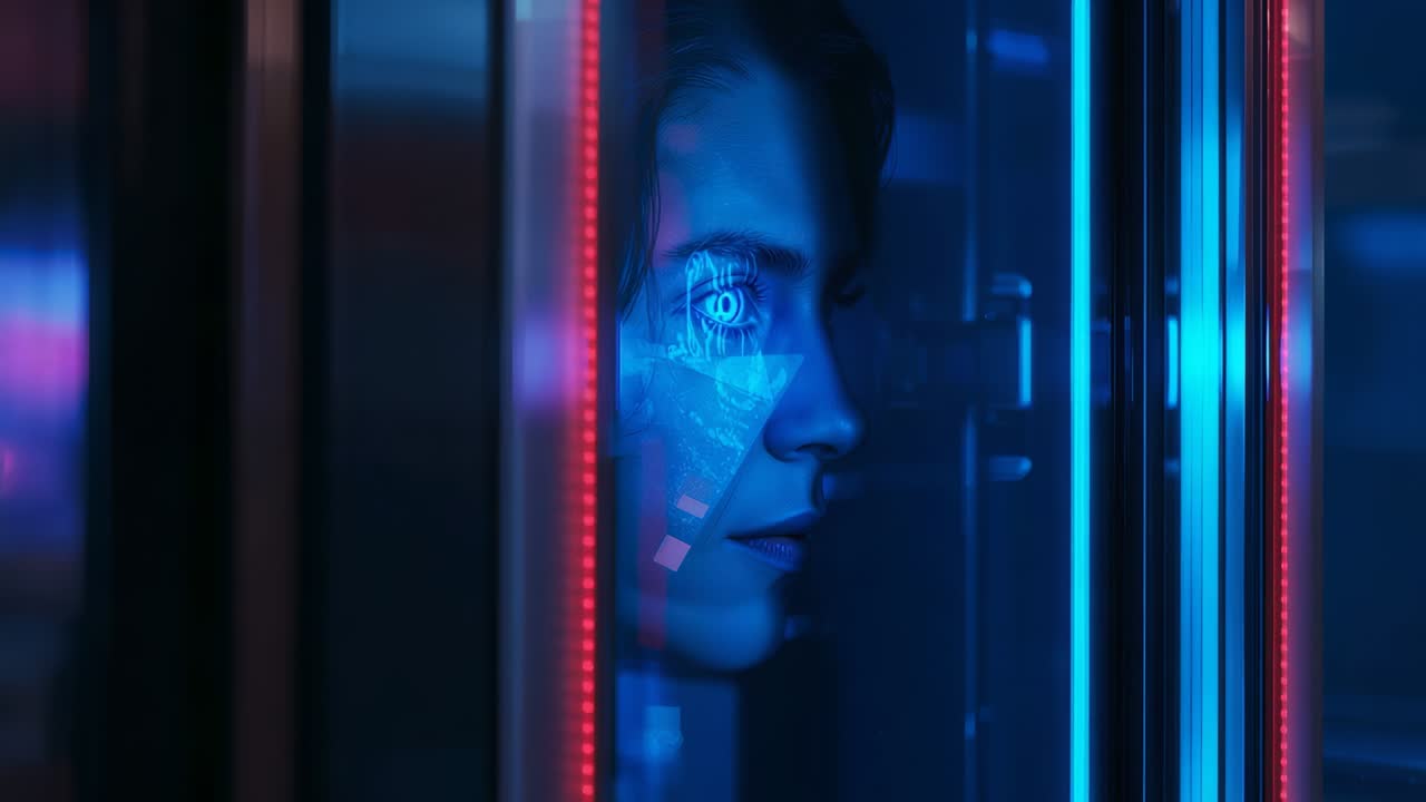 Stepping woman positioning face in scanner at checkpoint with holographic interface, copy space