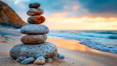 a stack of rocks on the beach at sunset