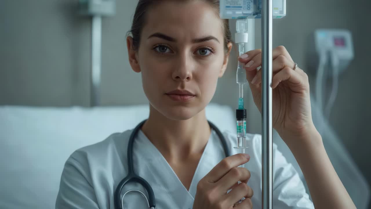 Infermiera che ispeziona l'attrezzatura, in camice, che regola il tubo IV per un controllo a letto, controllando la camera di gocciolamento e la pompa